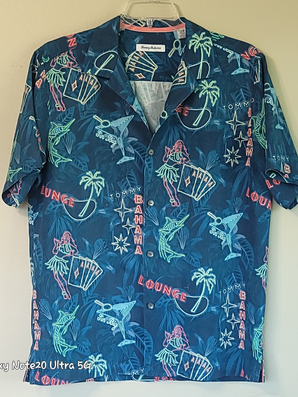 Tommy Bahama Neon Sips Shirt Medium M Blue Casino Hula Martini Camp IslandZone